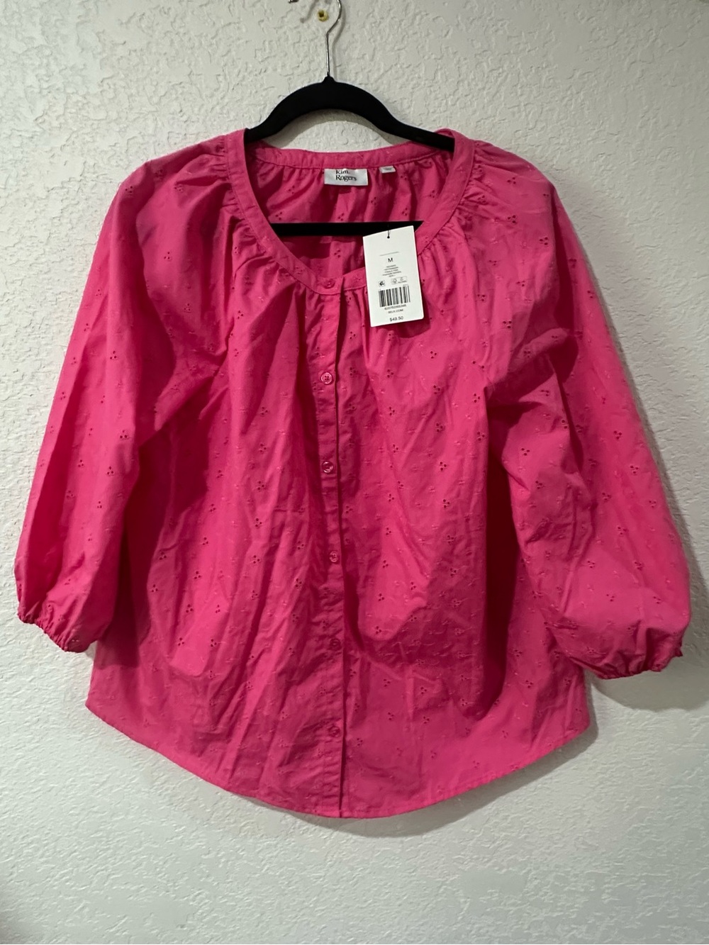 ! New Kim Rogers Hot Pink Eyelet Button-Front Women's Blouse size medium